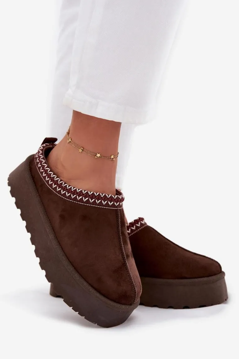 Niskie Śniegowce Damskie Z Haftem Na Platformie Czekoladowe Narirya