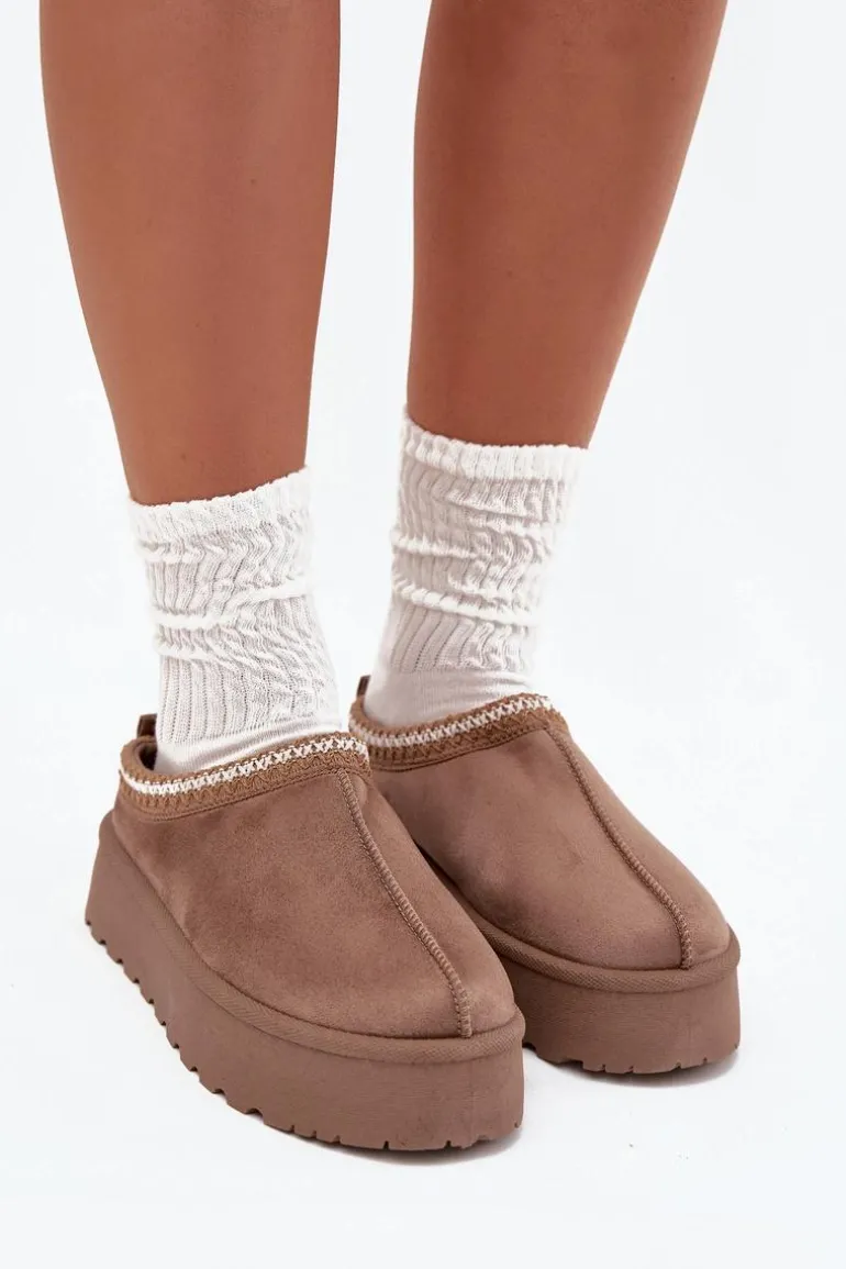 Niskie Śniegowce Damskie Z Haftem Na Platformie Ciemnobeżowe Narirya