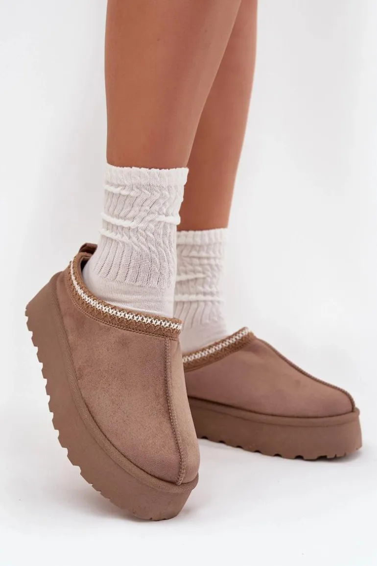 Niskie Śniegowce Damskie Z Haftem Na Platformie Ciemnobeżowe Narirya