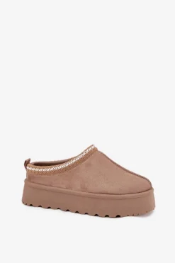 Niskie Śniegowce Damskie Z Haftem Na Platformie Ciemnobeżowe Narirya