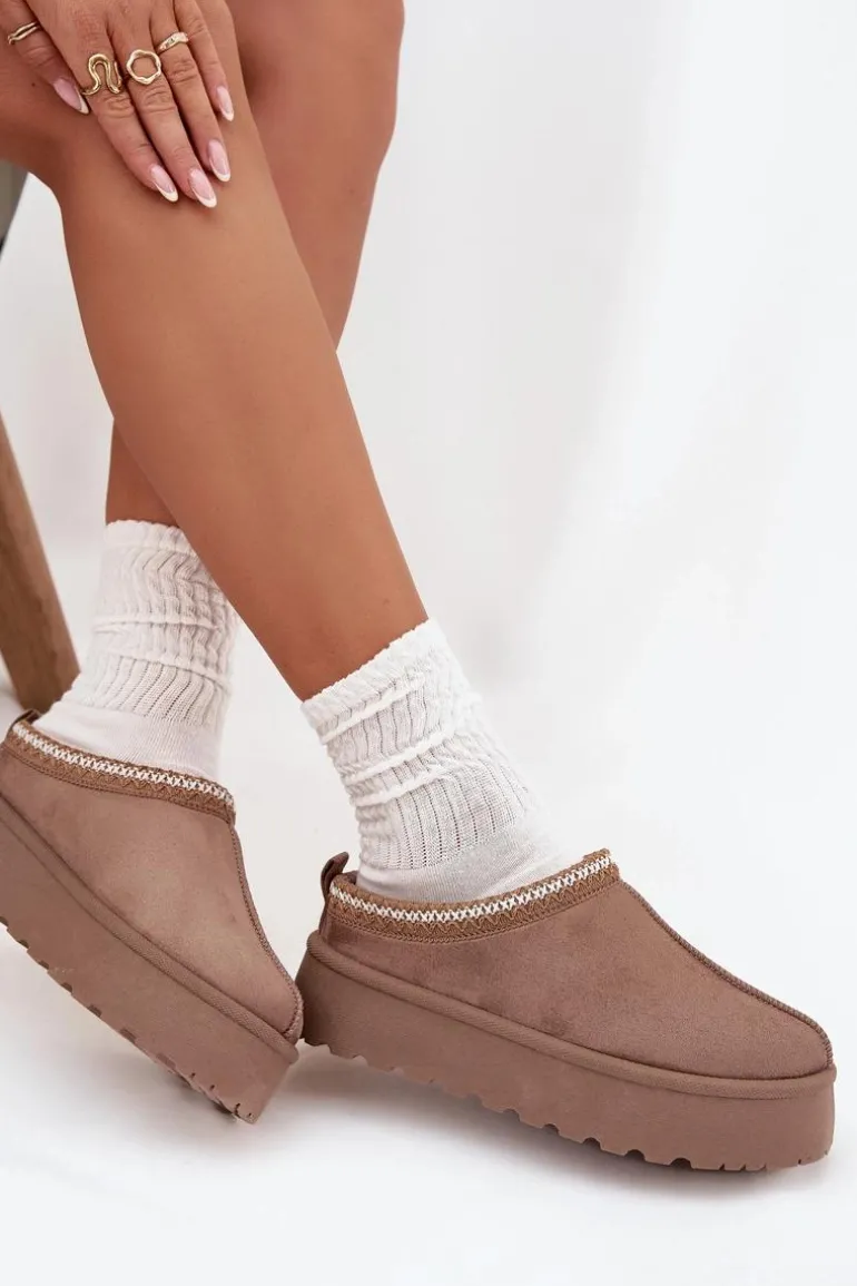 Niskie Śniegowce Damskie Z Haftem Na Platformie Ciemnobeżowe Narirya