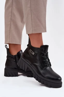 Niskie Ocieplane Botki Damskie Na Klocku Z Ozdobnym Paskiem Czarne Therisse