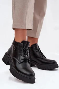 Niskie Ocieplane Botki Damskie Na Klocku Z Ozdobnym Paskiem Czarne Therisse