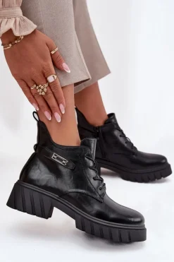 Niskie Ocieplane Botki Damskie Na Klocku Z Ozdobnym Paskiem Czarne Therisse