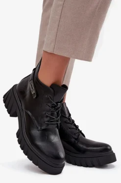 Niskie Ocieplane Botki Damskie Na Klocku Z Ozdobnym Paskiem Czarne Therisse