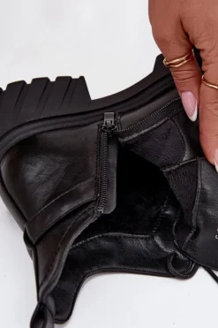 Niskie Ocieplane Botki Damskie Na Klocku Z Ozdobnym Paskiem Czarne Therisse