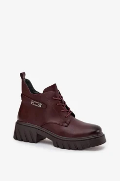 Niskie Ocieplane Botki Damskie Na Klocku Z Ozdobnym Paskiem Bordowe Therisse