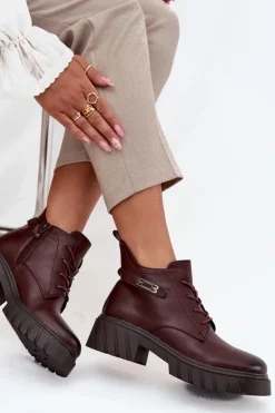 Niskie Ocieplane Botki Damskie Na Klocku Z Ozdobnym Paskiem Bordowe Therisse