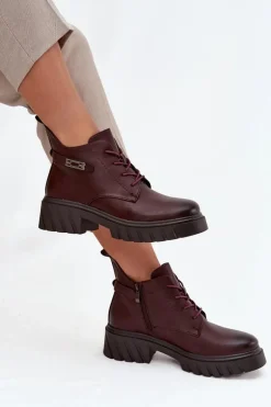 Niskie Ocieplane Botki Damskie Na Klocku Z Ozdobnym Paskiem Bordowe Therisse