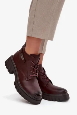 Niskie Ocieplane Botki Damskie Na Klocku Z Ozdobnym Paskiem Bordowe Therisse