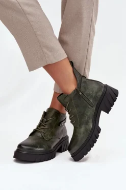 Niskie Ocieplane Botki Damskie Na Klocku Z Ozdobnym Paskiem Ciemnozielone Therisse