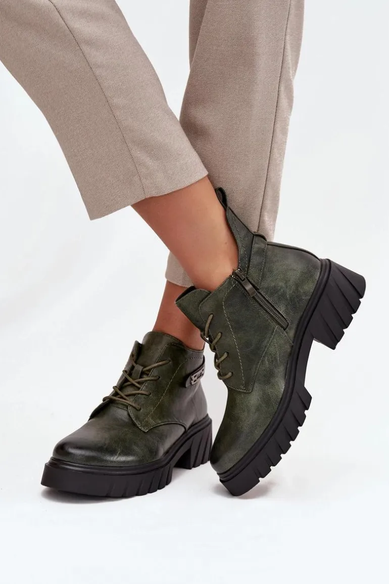 Niskie Ocieplane Botki Damskie Na Klocku Z Ozdobnym Paskiem Ciemnozielone Therisse