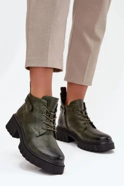 Niskie Ocieplane Botki Damskie Na Klocku Z Ozdobnym Paskiem Ciemnozielone Therisse