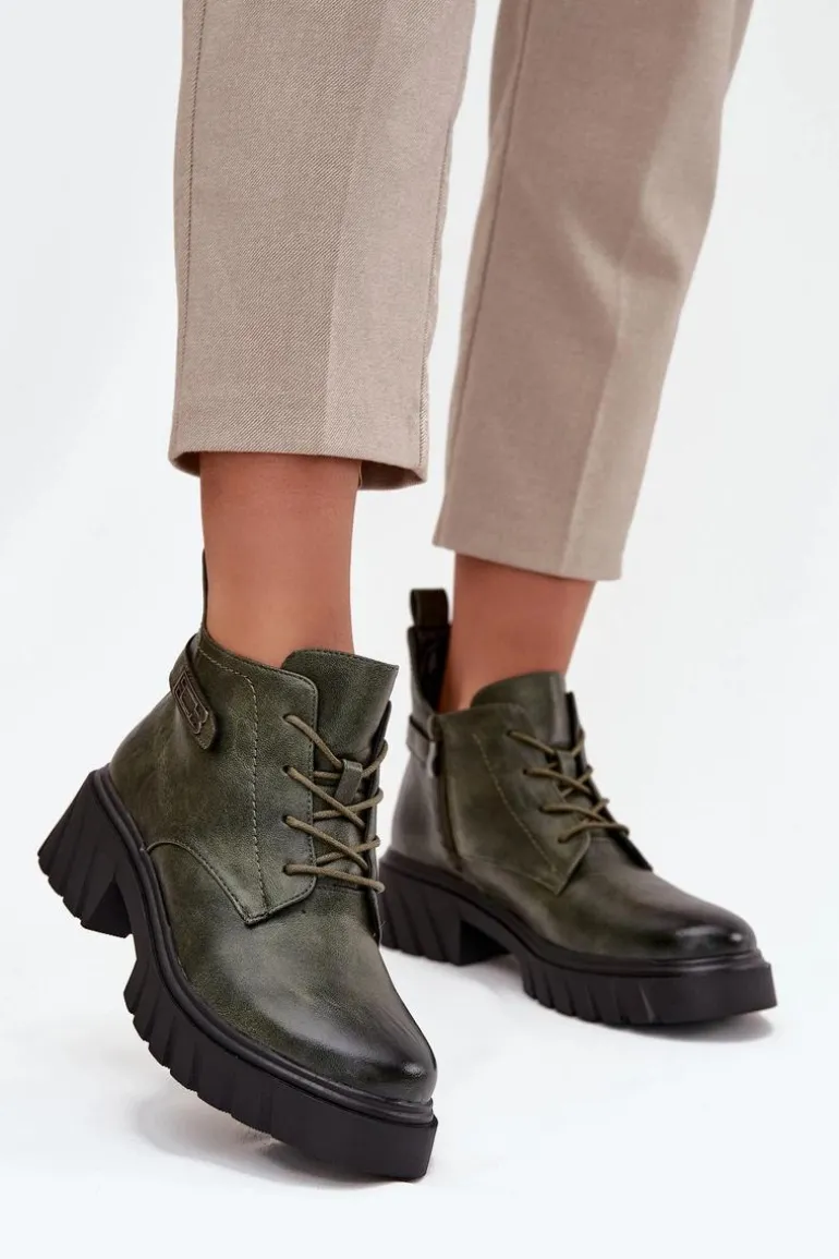 Niskie Ocieplane Botki Damskie Na Klocku Z Ozdobnym Paskiem Ciemnozielone Therisse