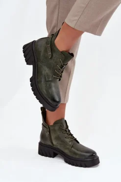 Niskie Ocieplane Botki Damskie Na Klocku Z Ozdobnym Paskiem Ciemnozielone Therisse