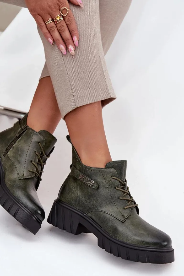 Niskie Ocieplane Botki Damskie Na Klocku Z Ozdobnym Paskiem Ciemnozielone Therisse