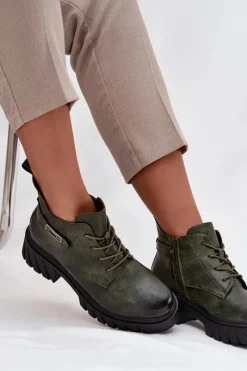 Niskie Ocieplane Botki Damskie Na Klocku Z Ozdobnym Paskiem Ciemnozielone Therisse