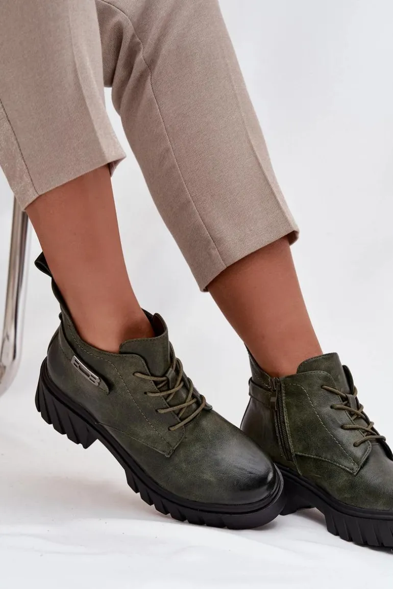 Niskie Ocieplane Botki Damskie Na Klocku Z Ozdobnym Paskiem Ciemnozielone Therisse