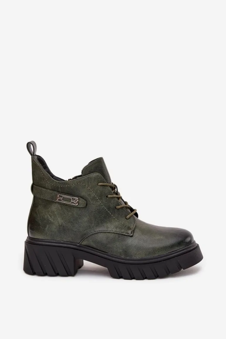 Niskie Ocieplane Botki Damskie Na Klocku Z Ozdobnym Paskiem Ciemnozielone Therisse