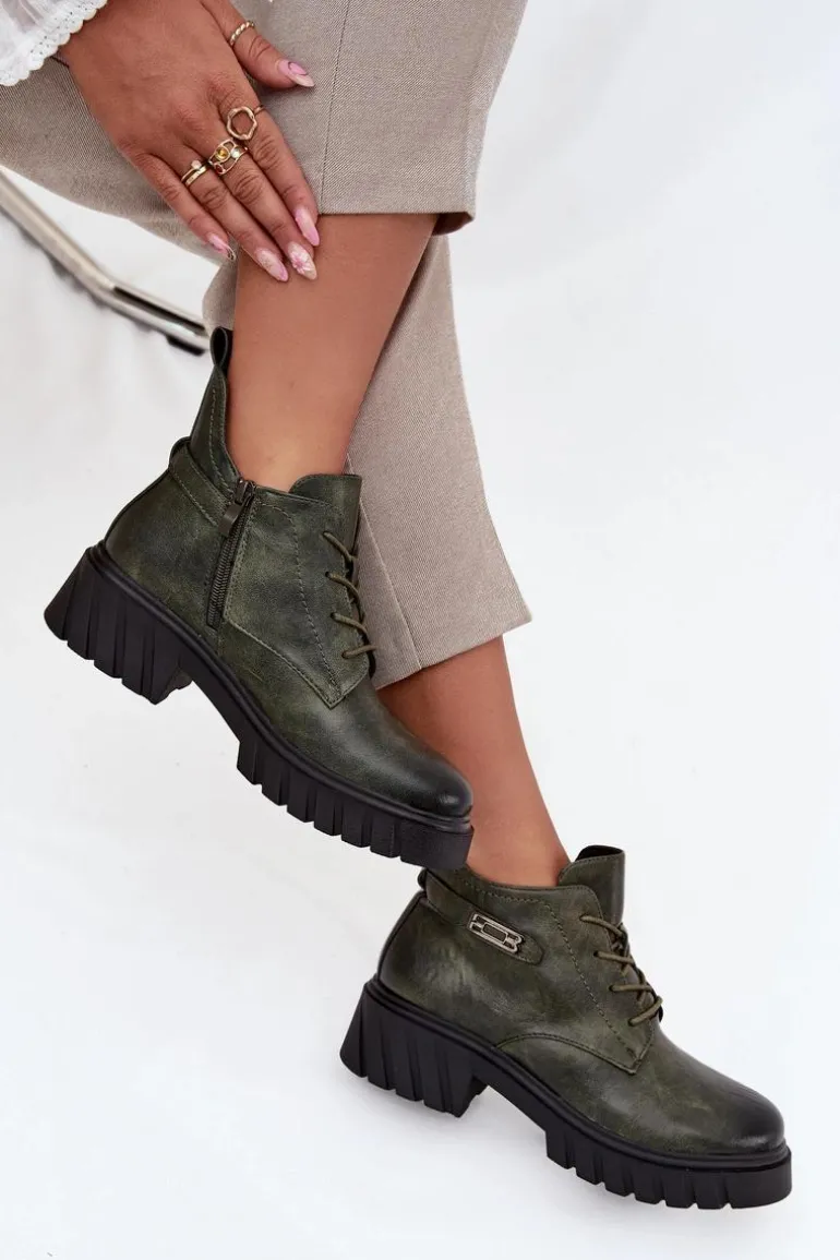 Niskie Ocieplane Botki Damskie Na Klocku Z Ozdobnym Paskiem Ciemnozielone Therisse