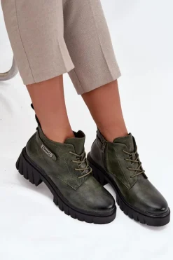 Niskie Ocieplane Botki Damskie Na Klocku Z Ozdobnym Paskiem Ciemnozielone Therisse