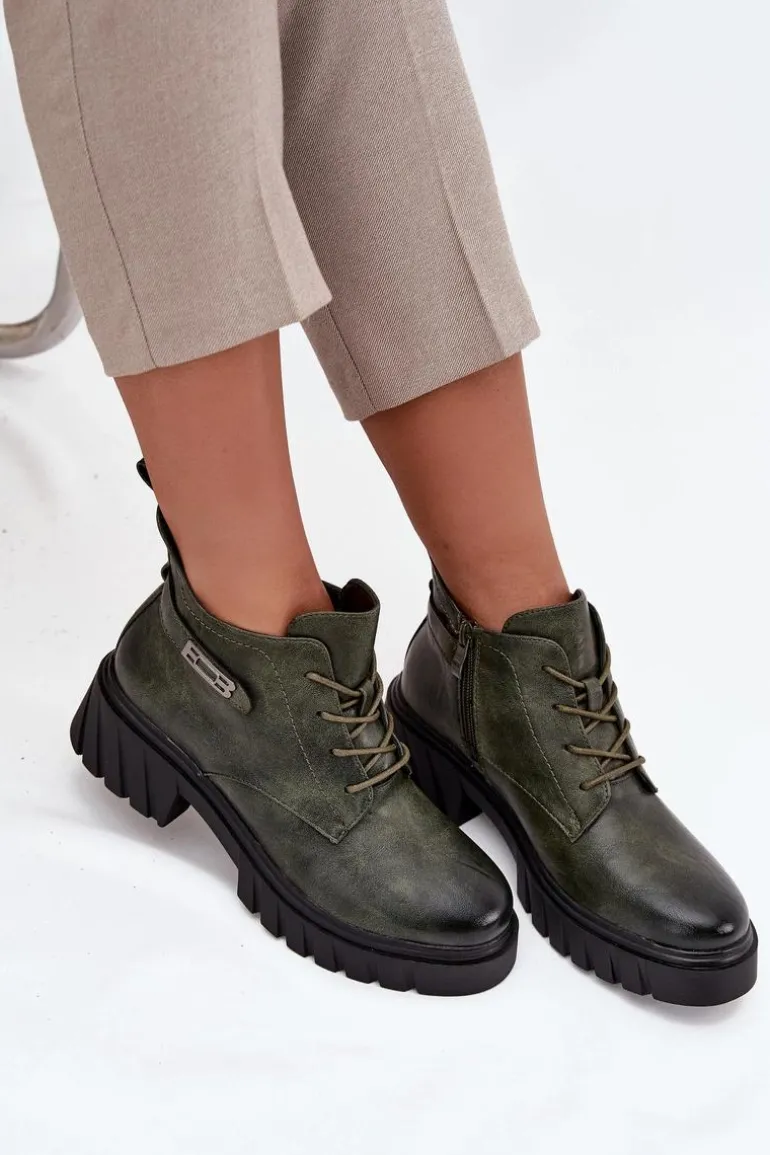 Niskie Ocieplane Botki Damskie Na Klocku Z Ozdobnym Paskiem Ciemnozielone Therisse