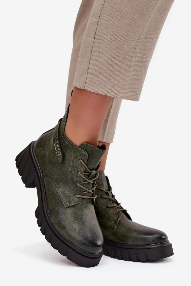 Niskie Ocieplane Botki Damskie Na Klocku Z Ozdobnym Paskiem Ciemnozielone Therisse