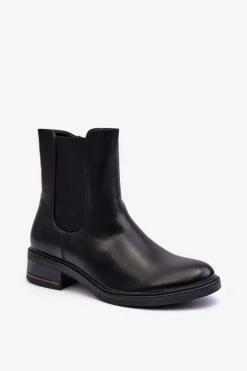 Niskie Skórzane Botki Sztyblety Damskie Czarne Tyber