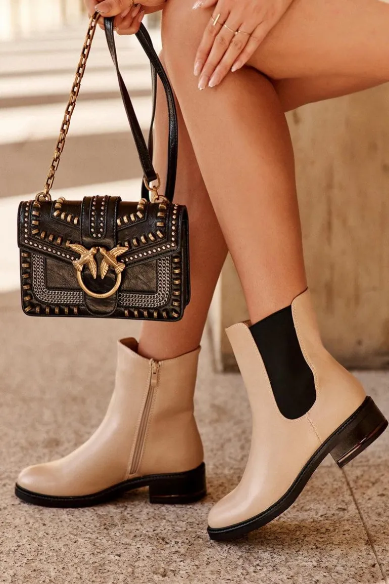 Niskie Skórzane Botki Sztyblety Damskie Beżowe Tyber