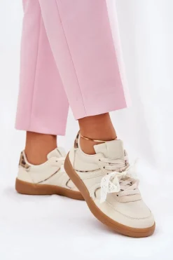 Niskie Sneakersy Damskie Z Koronką Panterka Beżowe Zielle