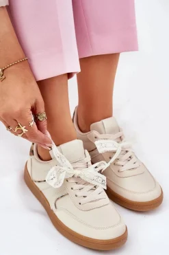 Niskie Sneakersy Damskie Z Koronką Panterka Beżowe Zielle