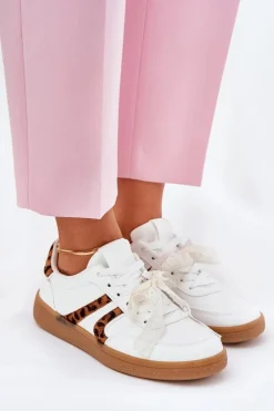 Niskie Sneakersy Damskie Z Koronką Panterka Białe Zielle