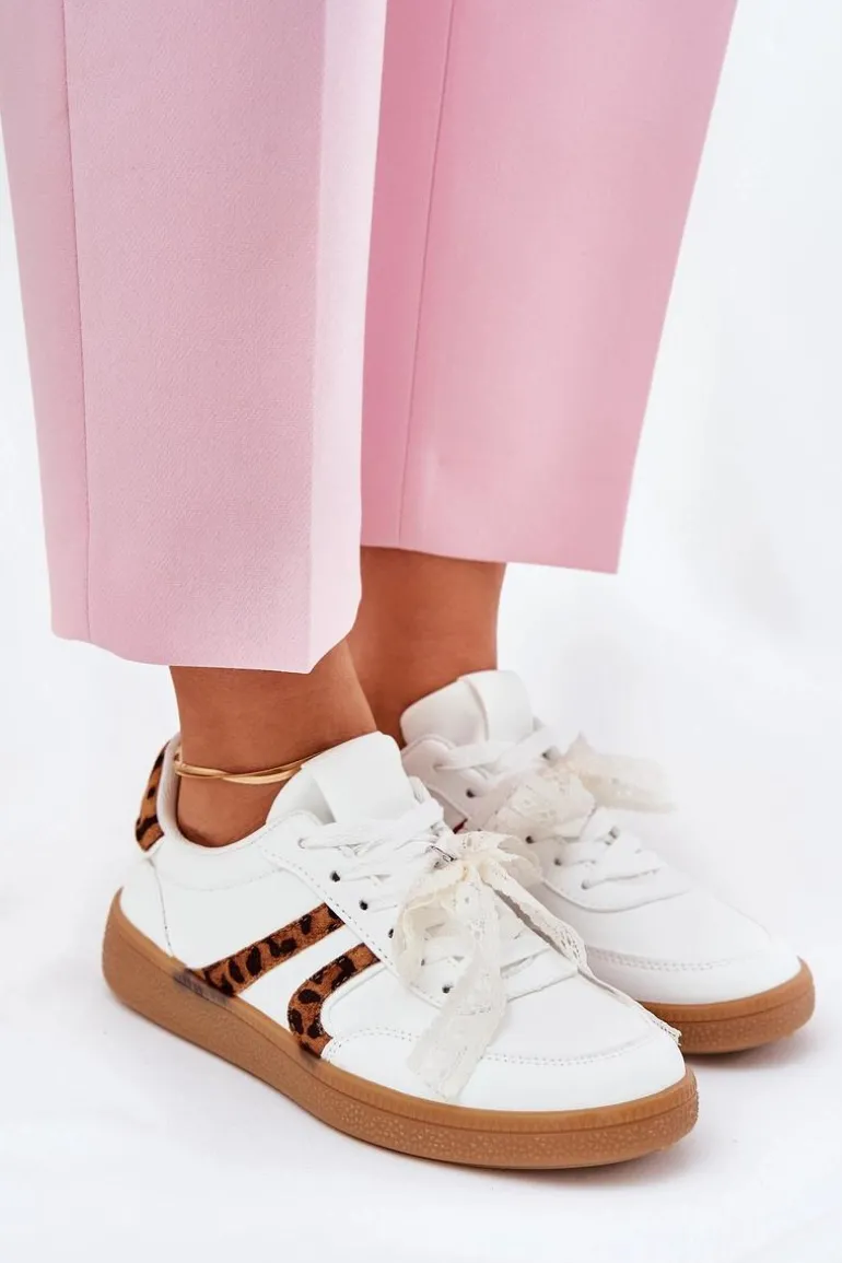 Niskie Sneakersy Damskie Z Koronką Panterka Białe Zielle