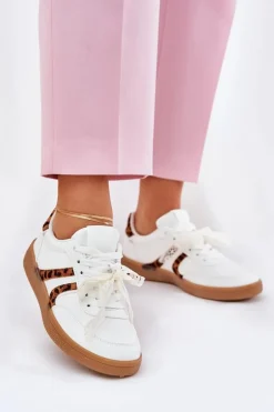 Niskie Sneakersy Damskie Z Koronką Panterka Białe Zielle