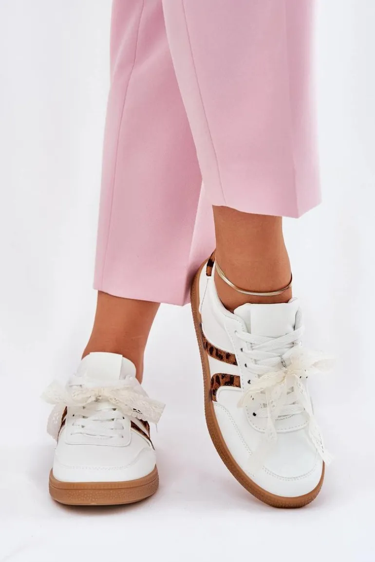 Niskie Sneakersy Damskie Z Koronką Panterka Białe Zielle