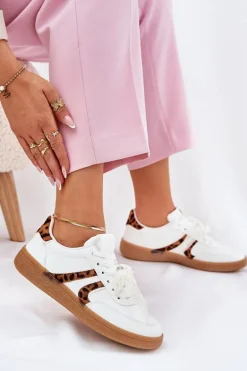 Niskie Sneakersy Damskie Z Koronką Panterka Białe Zielle