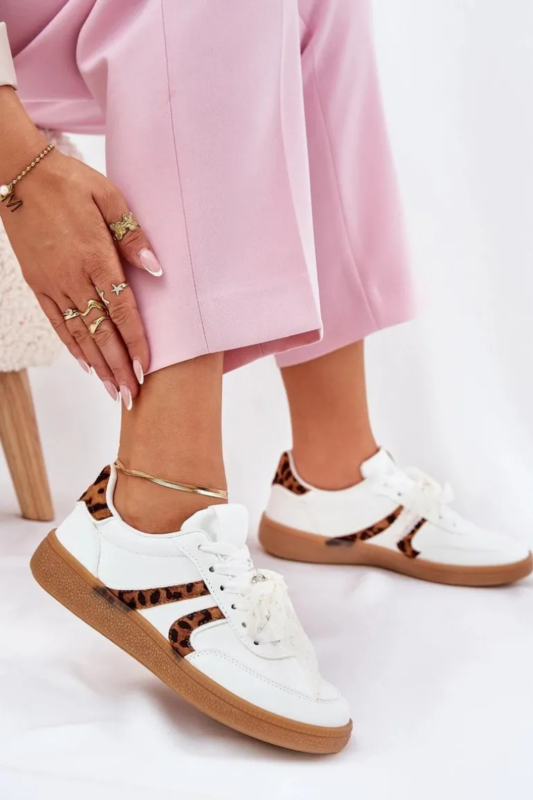 Niskie Sneakersy Damskie Z Koronką Panterka Białe Zielle