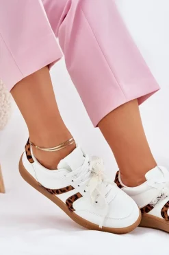 Niskie Sneakersy Damskie Z Koronką Panterka Białe Zielle