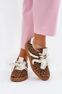 Niskie Sneakersy Damskie Z Koronką Panterka Brązowe Zielle