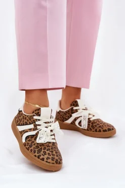Niskie Sneakersy Damskie Z Koronką Panterka Brązowe Zielle