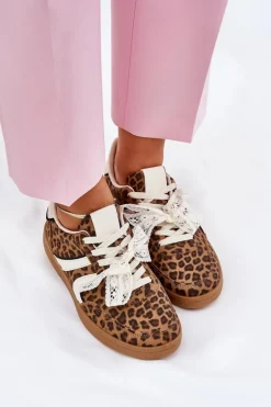 Niskie Sneakersy Damskie Z Koronką Panterka Brązowe Zielle