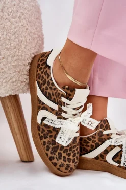Niskie Sneakersy Damskie Z Koronką Panterka Brązowe Zielle
