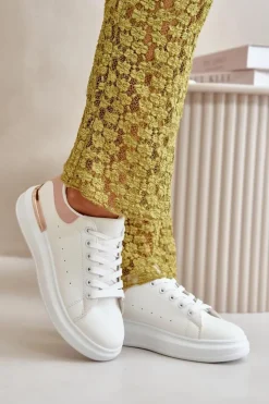 Niskie Trampki Damskie Na Platformie Z Eko Skóry Biało-Różowo Nevelena