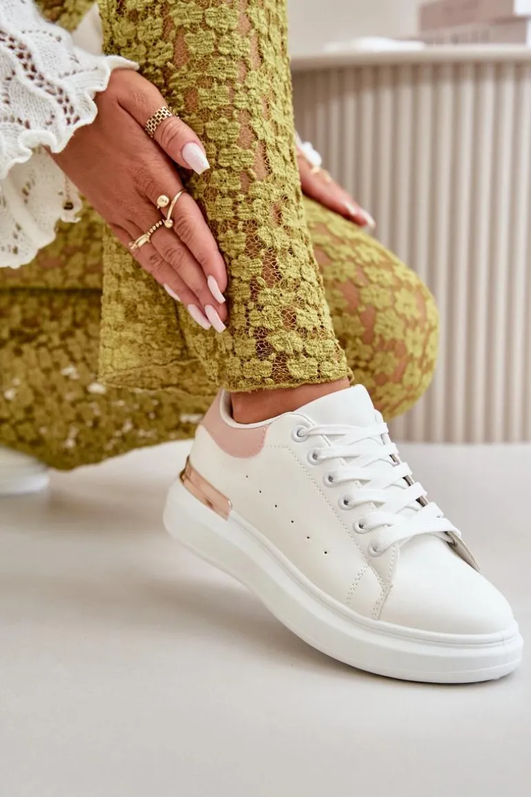 Niskie Trampki Damskie Na Platformie Z Eko Skóry Biało-Różowo Nevelena