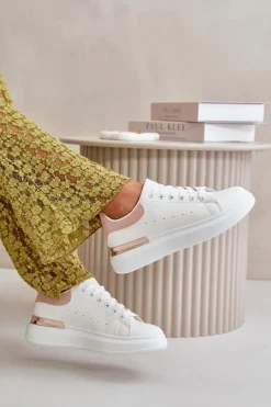 Niskie Trampki Damskie Na Platformie Z Eko Skóry Biało-Różowo Nevelena