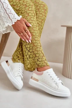 Niskie Trampki Damskie Na Platformie Z Eko Skóry Biało-Różowo Nevelena