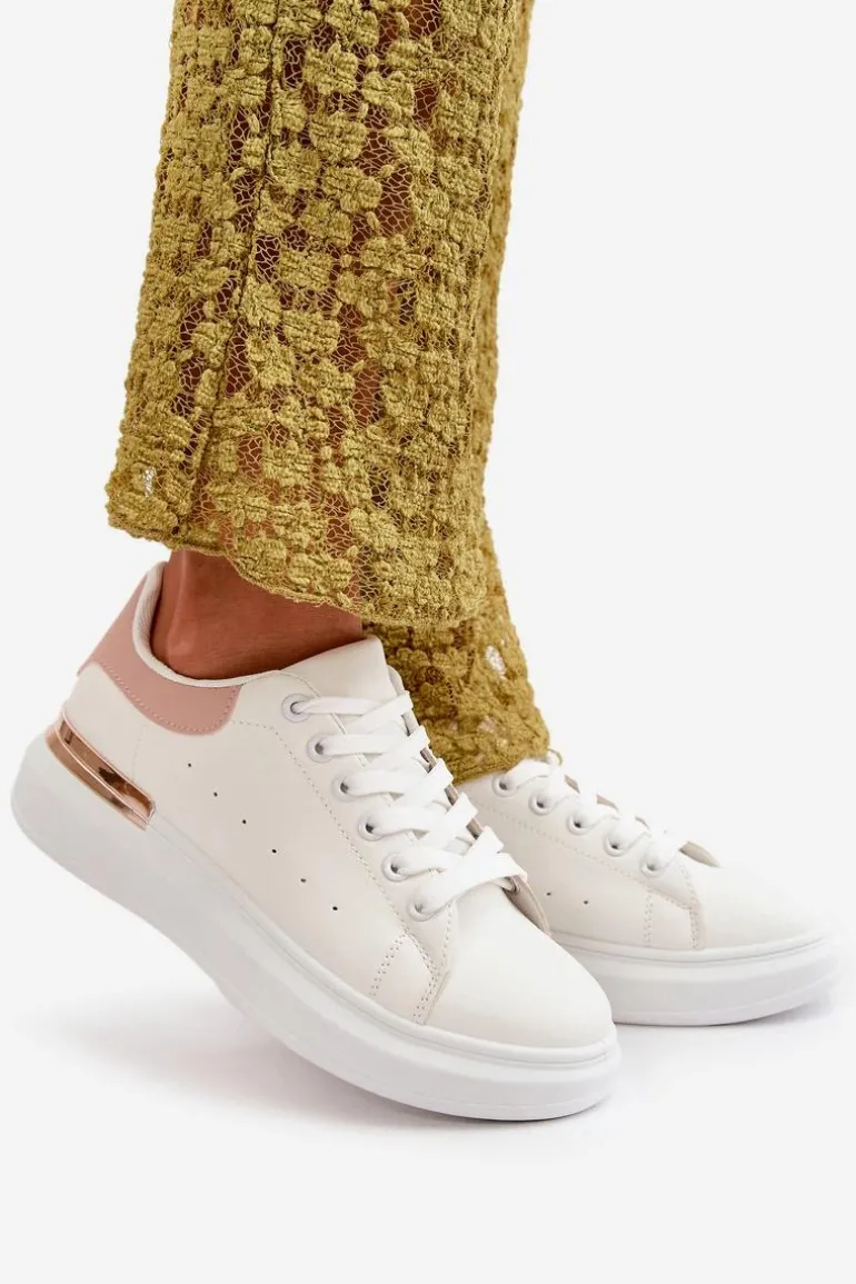 Niskie Trampki Damskie Na Platformie Z Eko Skóry Biało-Różowo Nevelena