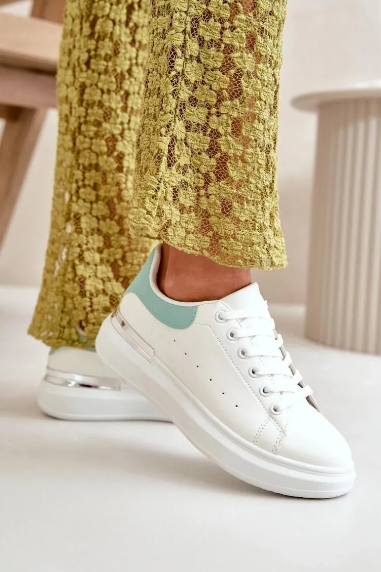 Niskie Trampki Damskie Na Platformie Z Eko Skóry Biało-Zielone Nevelena