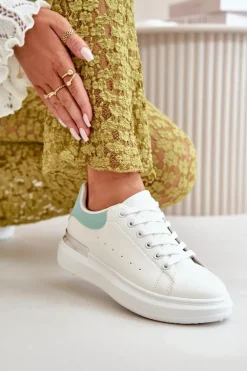 Niskie Trampki Damskie Na Platformie Z Eko Skóry Biało-Zielone Nevelena