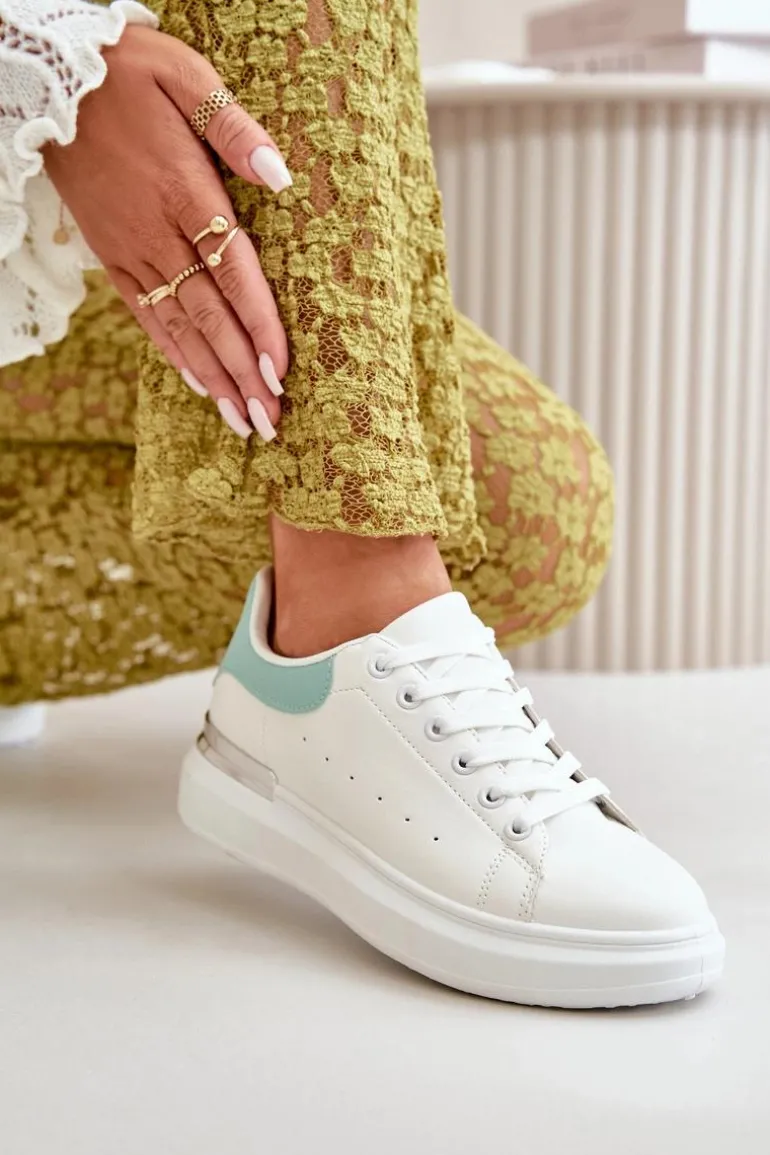 Niskie Trampki Damskie Na Platformie Z Eko Skóry Biało-Zielone Nevelena